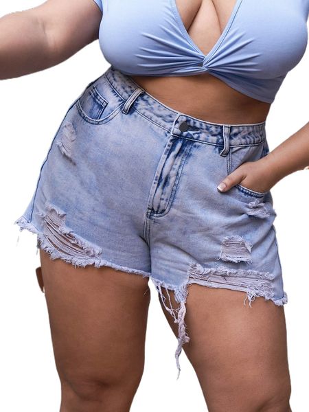 

plus high waist ripped frayed hem denim shorts m6go#, White;black