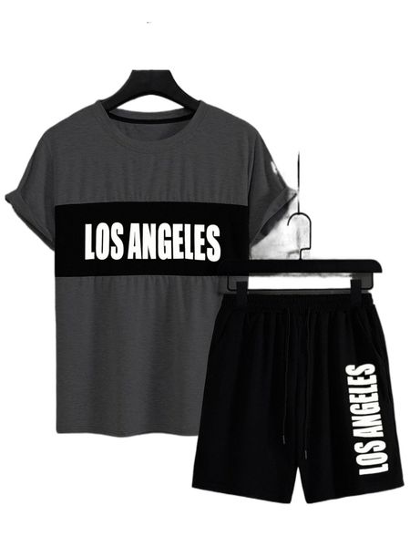 

men reflective letter graphic tee & shorts h0h8#, Gray