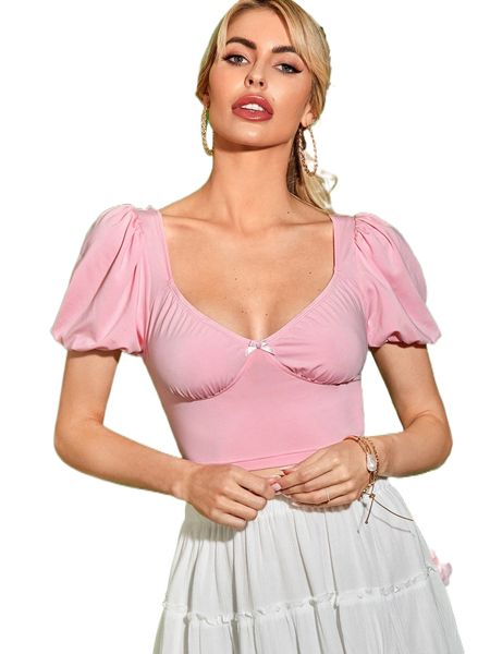 

sweetheart neck puff sleeve bow front crop tee i2ka#, White