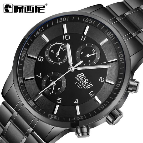 

korean version of ultra-thin men's black gold strip sports night light waterproof three eyes six pin black watch284g, Silver