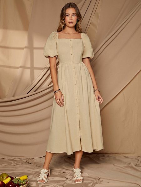 

puff sleeve square neck button up dress 01g6#, Black;gray