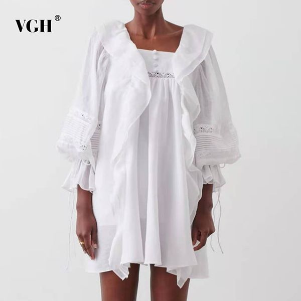

casual patchwork ruffle dress for female square collar lantern sleeve lace up mini loose dresses fashion clothes 210507, Black;gray