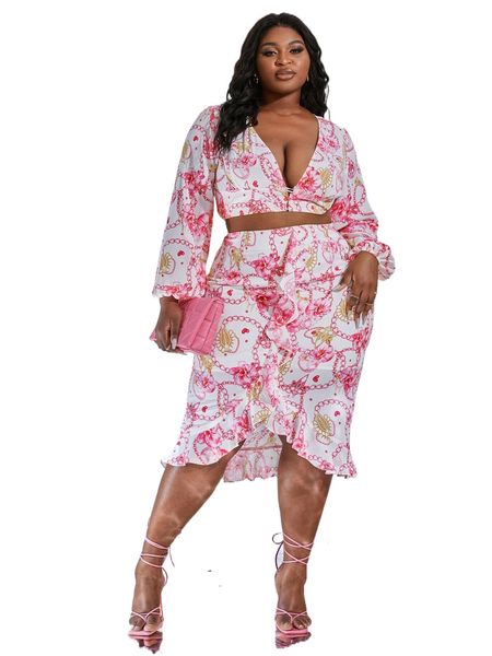 

sxy plus chain print lantern sleeve & ruffle trim skirt set 066g#, Black