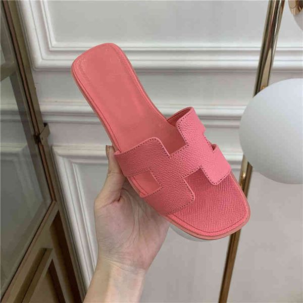 

designer slippers herme slides h family women's summer 2022 new versatile color matching leather one line wear flat bottomed beach sand, Black