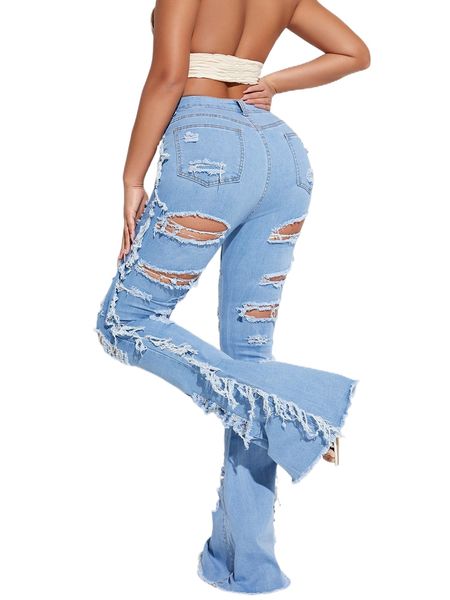 

ripped frayed raw hem flare leg jeans h4si#, Blue
