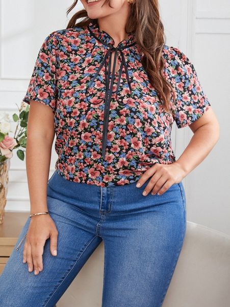 

plus allover floral print frilled tie neck blouse s3wv#, Black
