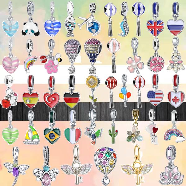 Passend für Pandora-Charms 925-Armband, Perle, Originalverpackung, bunter Blumen-Luftballon-Fisch, US-Spanien, Vereinigtes Königreich, Italien-Flagge, europäischer Charm-Schmuck