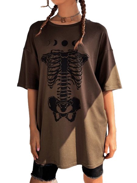 

skeleton & moon print drop shoulder tee a1jg#, White