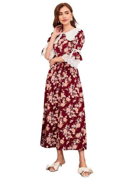 

f.loral p.rint e.yelet embroidered trim bell s.leeve d.ress x6vl#, Black;gray