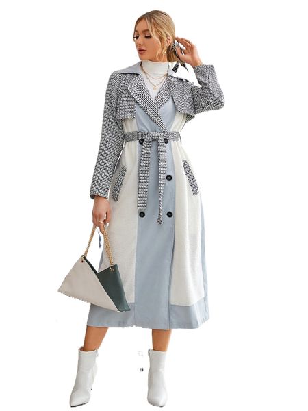 

plaid color block raglan sleeve double breasted belted longline coat e4ah#, Black