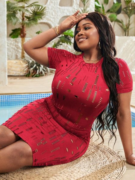 

plus hollow out bodycon dress without lingerie set p2ip#, Black