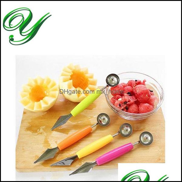 Affettatrice per anguria Utensile per intagliare la frutta Gelato Dual Baller Scoops Acciaio inossidabile Pitaya Utensili per verdure Cucchiai per insalata per Drop Delive