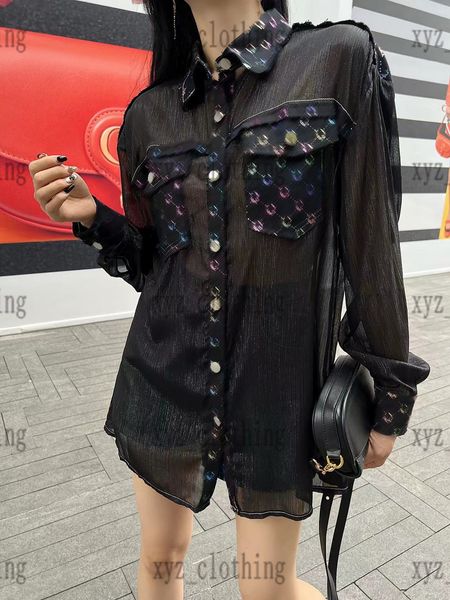 

2022 black color newly luxury womens blouses & shirts quicksand mesh fabric stitching colorful denim shirts full logo wash cotton blouse siz, White