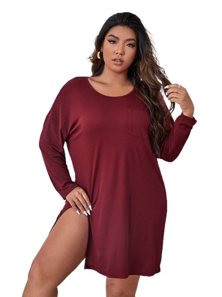 

plus patched pocket drop shoulder slit thigh nightdress i6tn#, Black;white