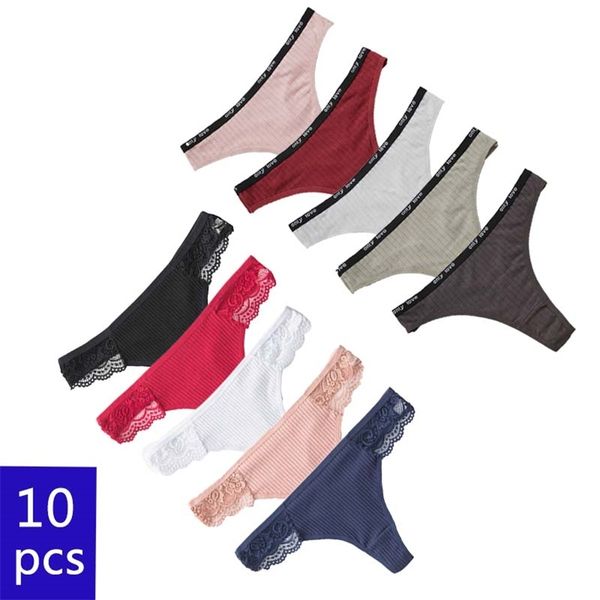 

10pcs cotton panties women's underpants female briefs underwear solid color pantys lingerie low-waist lace design 220425, Black;pink