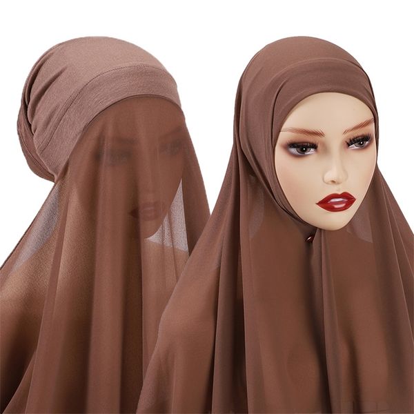 

muslim chiffon scarf for women fashion veil instant hijab wrap headscarf islam solid color cap musulman scarves 25 colors 220704, Blue;gray
