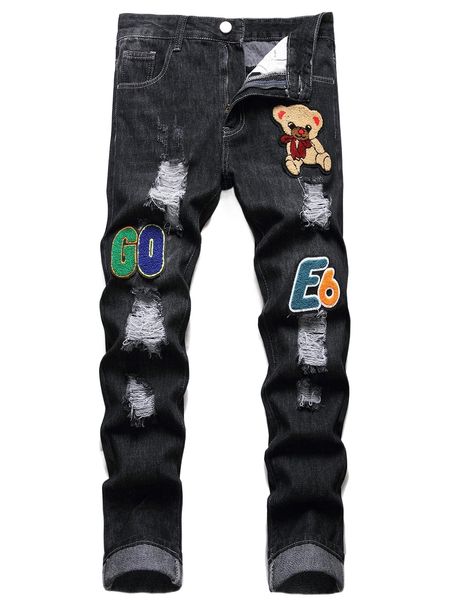 

men patch detail ripped slim straight jeans d8ke#, Blue