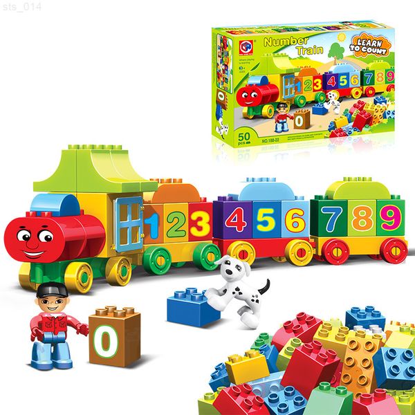 Blocchi 50pcs Duplo Building Buildings Numero di grandi dimensioni City Train Particelle di grandi dimensioni Bricks Educational Baby Figures Gifts con Box T230103