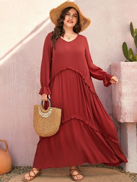 

plus flounce sleeve frill trim maxi dress q8s6#, Black