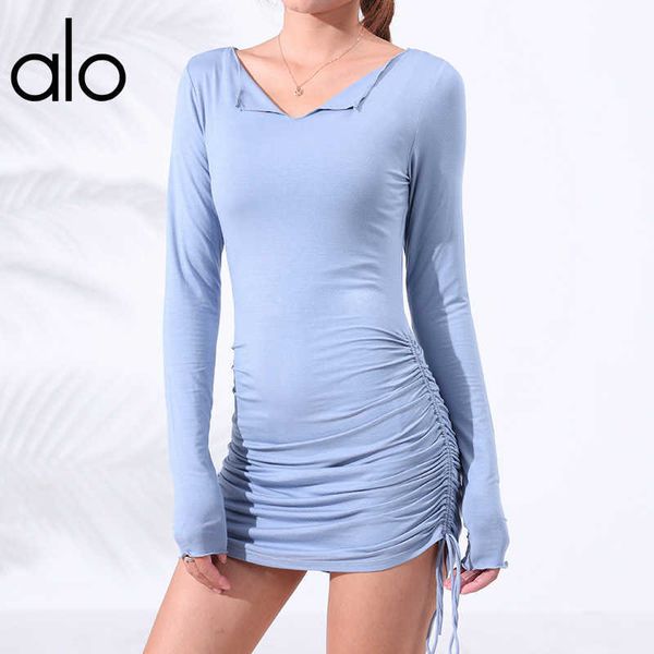 

alo sports dress women yoga dress slim long sleeve fitted fitness clothes girl new exercise training black blue pink running dresses