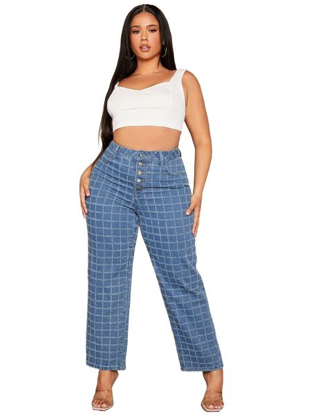 

plus button fly straight leg jeans u37y#, Blue