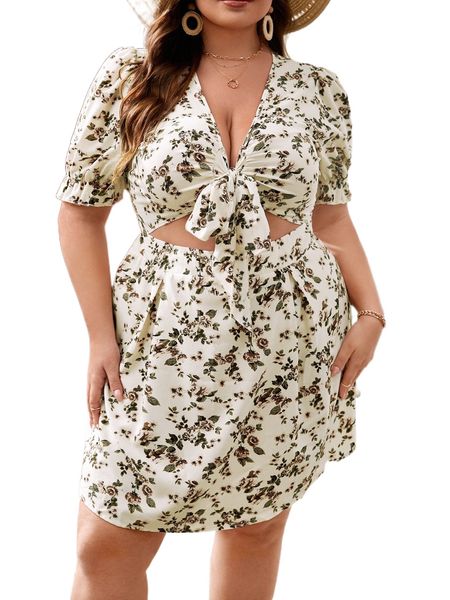 

plus allover floral print puff sleeve tie front cut out dress w1el#, Black