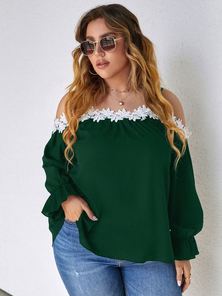 

plus guipure lace trim cold shoulder flounce sleeve blouse k4yb#, Black