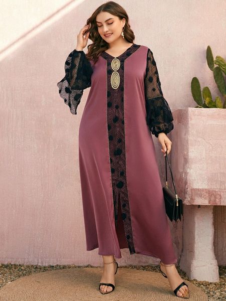 

plus contrast lace ruffle trim lantern sleeve split hem maxi dress h83v#, Black