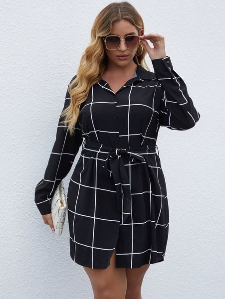 

plus grid print button front belted shirt dress n9qt#, Black