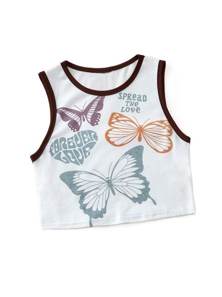

slogan & butterfly print contrast binding tank g8dl#, White