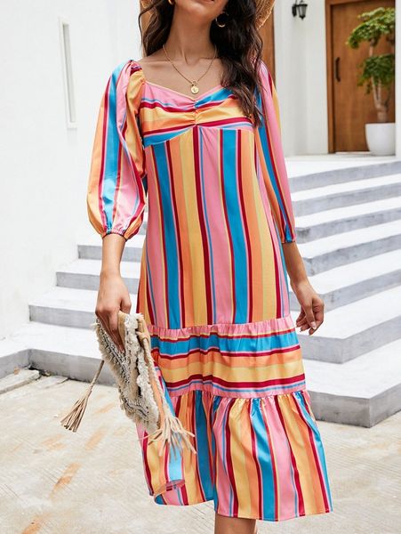 

rainbow stripe bishop ruched bust sleeve flounce hem dress b9un#, Black;gray