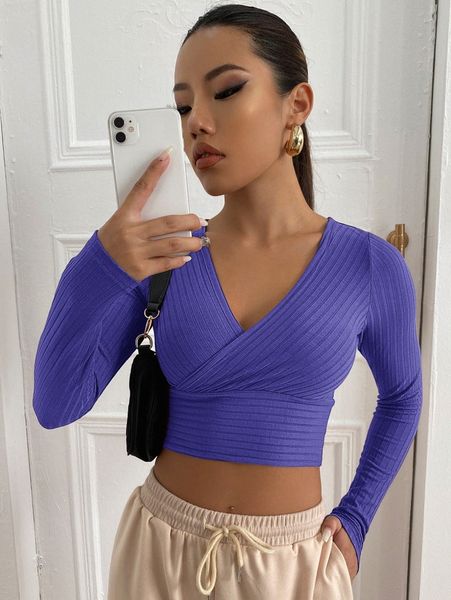 

surplice neck rib-knit crop tee q4d8#, White