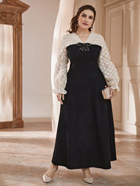 

plus contrast mesh flounce sleeve bow front velvet dress c7q9#, Black