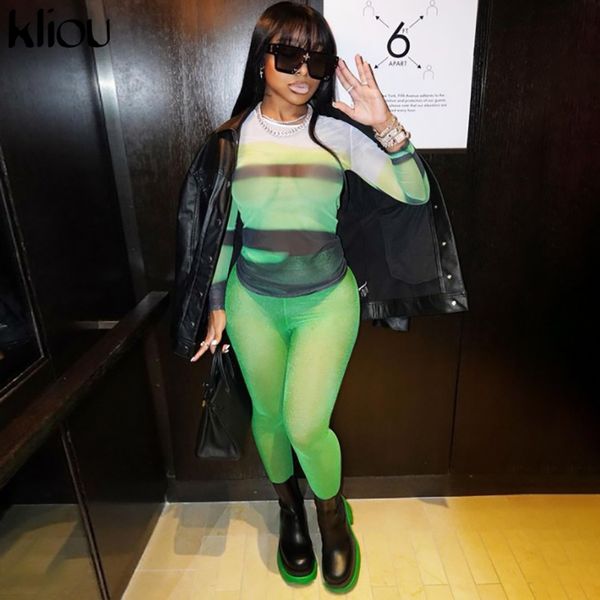 

mesh two piece set women autumn gorgeous print y2k stripe long sleeve sheath slim body-shaping pants high streetwear, White