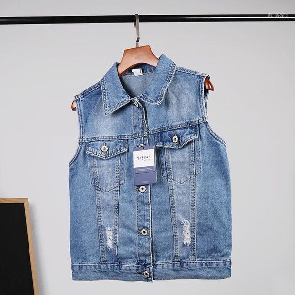 Damenwesten 2022 Frühling Sommer Plus Größe Frauen Kurze Loch Denim Weste Lose Beiläufige Ärmellose Jean Jacke Weibliche Mode Gewaschen Blau Mantel 3