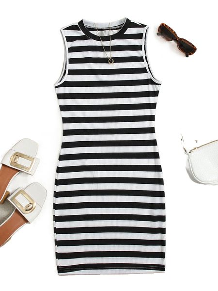 

striped pattern rib-knit bodycon dress g0uv#, Black;gray