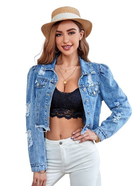 

blues puff sleeve ripped raw hem crop denim jacket z7hc#, Black;brown