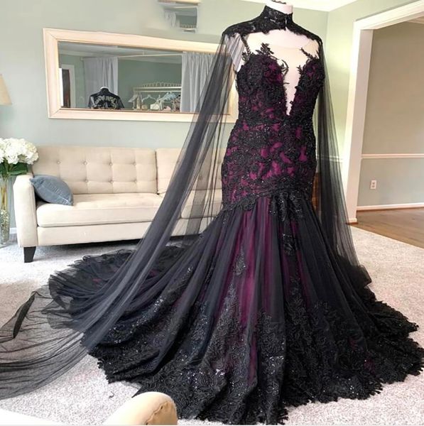 

luxury mermaid gothic wedding dress with cape red black lace dubai plus size country garden wedding party gowns 2022 backless bride robe de, White
