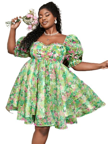 

plus floral print ruched sweetheart neck puff sleeve organza dress 51jc#, Black