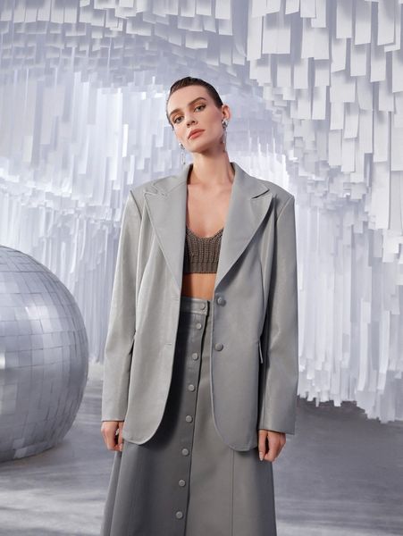 

lapel neck decorative pocket pu leather blazer 39xp#, White