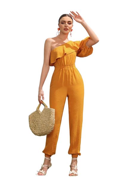 

ruffle trim one shoulder jumpsuit l6tk#, Black;white