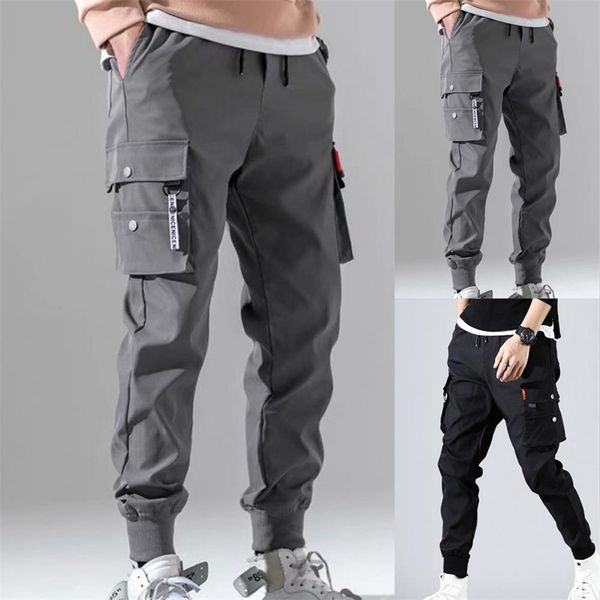 

autumn men hip hop harem joggers male trousers mens solid multipocket cargo pants skinny fit sweatpants 220707, Black