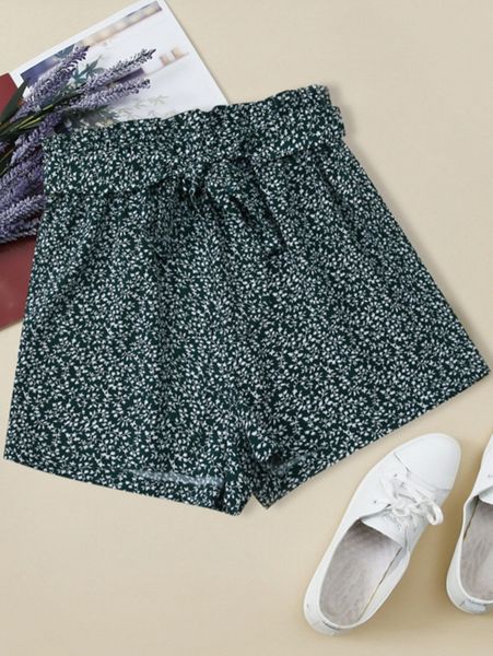 

allover plants paperbag waist belted shorts l4b3#, White;black