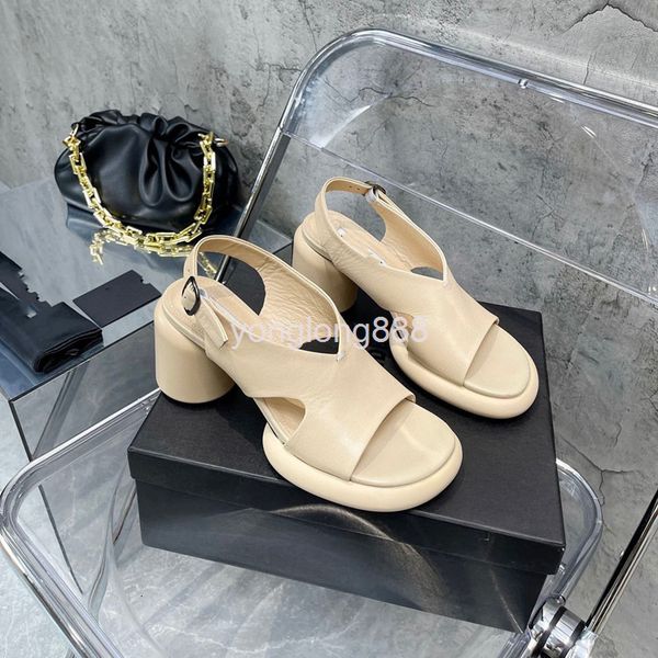 

sandals high end quality spring and summer leather round head open toe cylindrical heel high thick waterproof platform flat buckle, Black