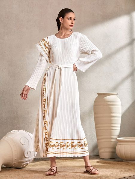 

plants print asymmetrical belted dress f8rb#, Black;gray