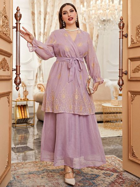 

plus random embroidery flounce sleeve two layer hem belted dress g3l7#, Black