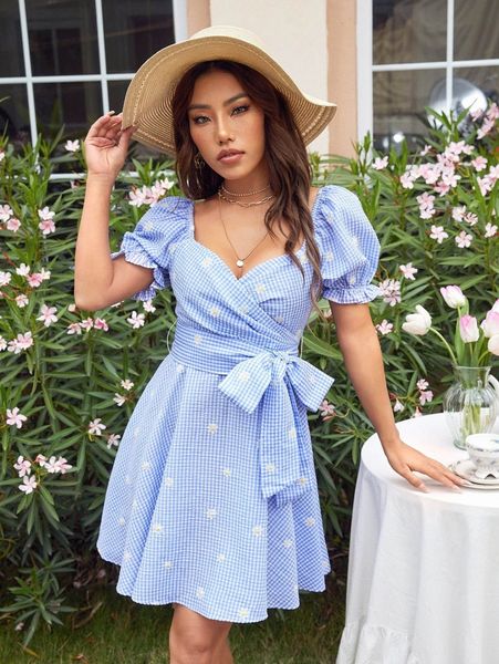 

gingham sweetheart neckline puff sleeve dress n2zb#, Black;gray