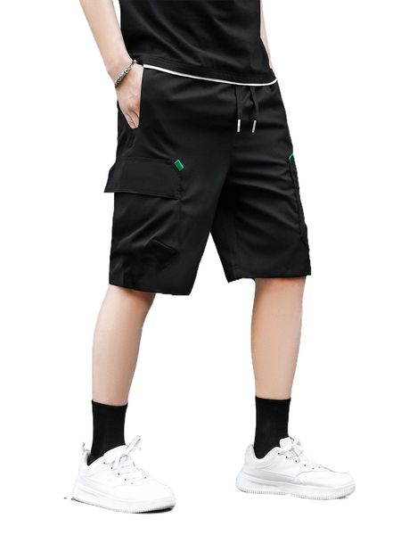 

men drawstring waist flap pocket cargo shorts c55a#, White;black
