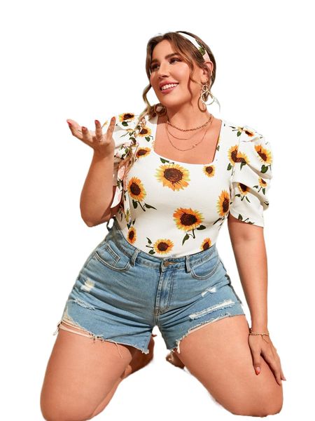 

plus sunflower print square neck puff sleeve blouse q8jr#, Black