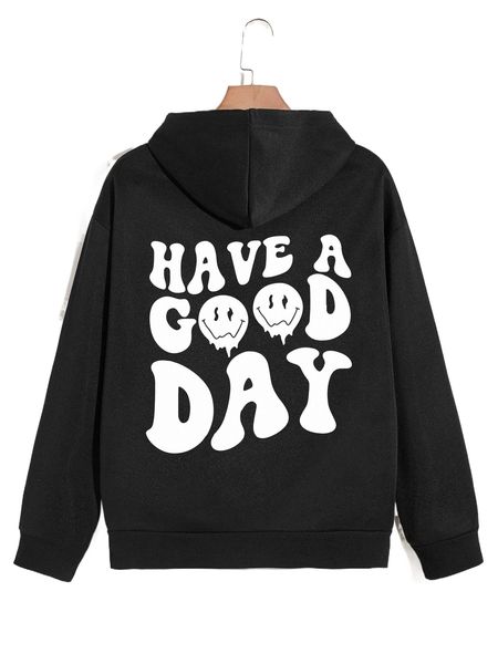 

men slogan & cartoon graphic thermal hoodie a4v9#, Black